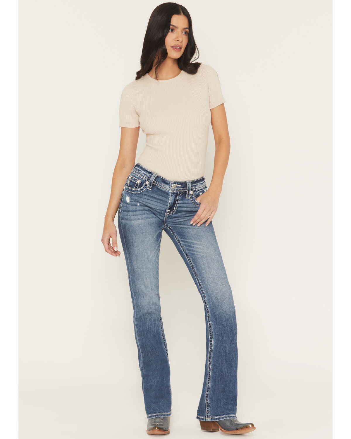 Image #3 - Miss Me Women's Medium Wash Mid Rise Americana Pocket 34" Bootcut Stretch Denim Jeans, Medium Wash, hi-res