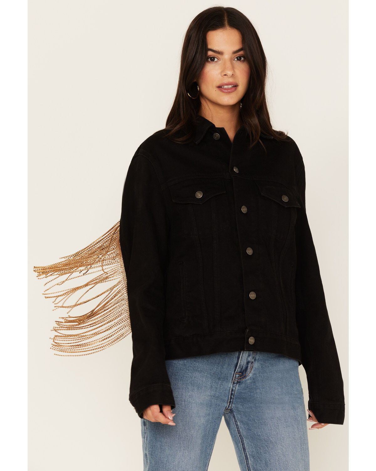 Image #1 - The Harley Jacket by Daniel Diamond: Women's Black Denim Jacket with Gold Fringe, Black, hi-res