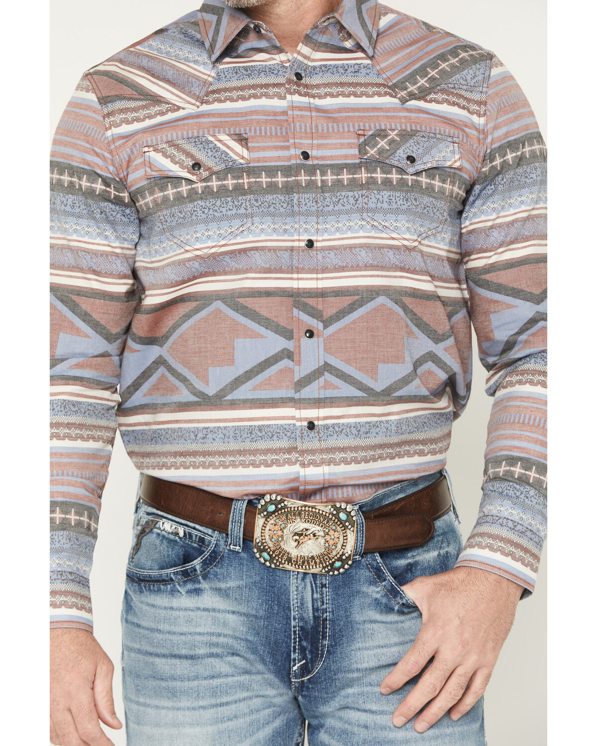 Image #3 - Cody James Men's Mountain Ranger Southwestern Striped Long Sleeve Snap Western Shirt, Burgundy, hi-res