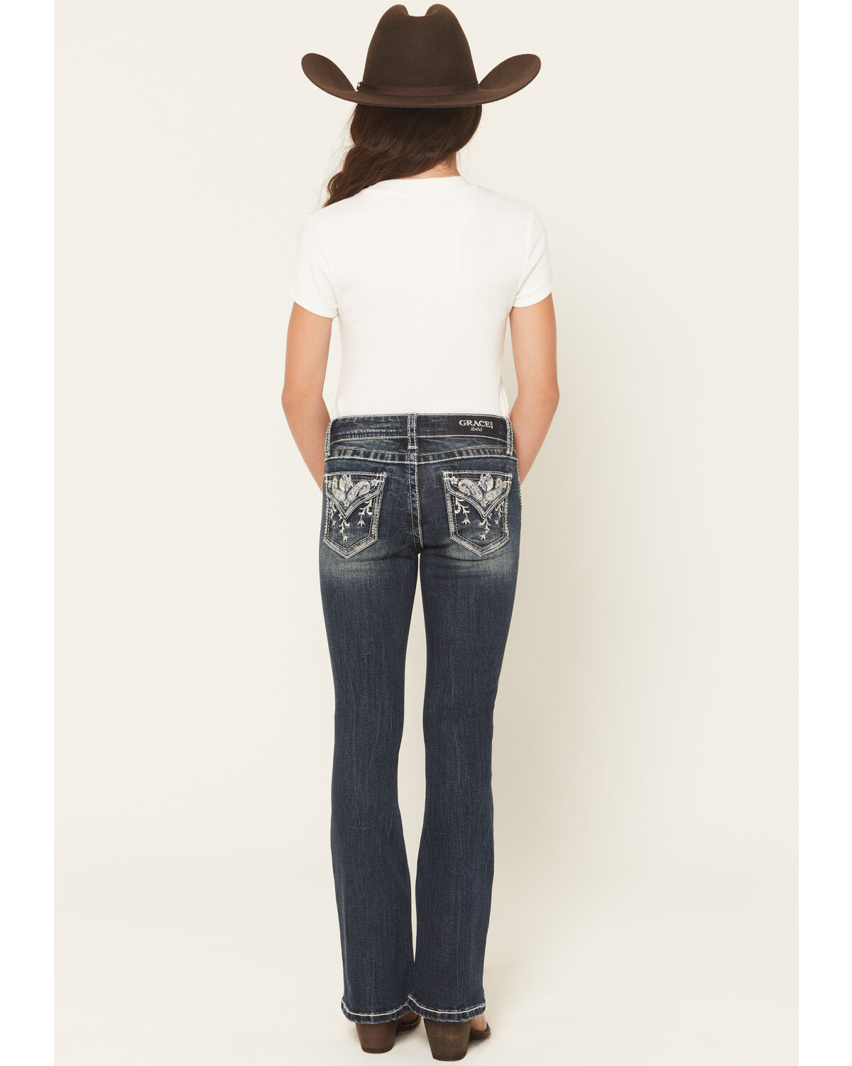 Grace in LA Girls' Dark Wash Floral Pocket Bootcut Stretch Denim Jeans, Dark Wash, hi-res