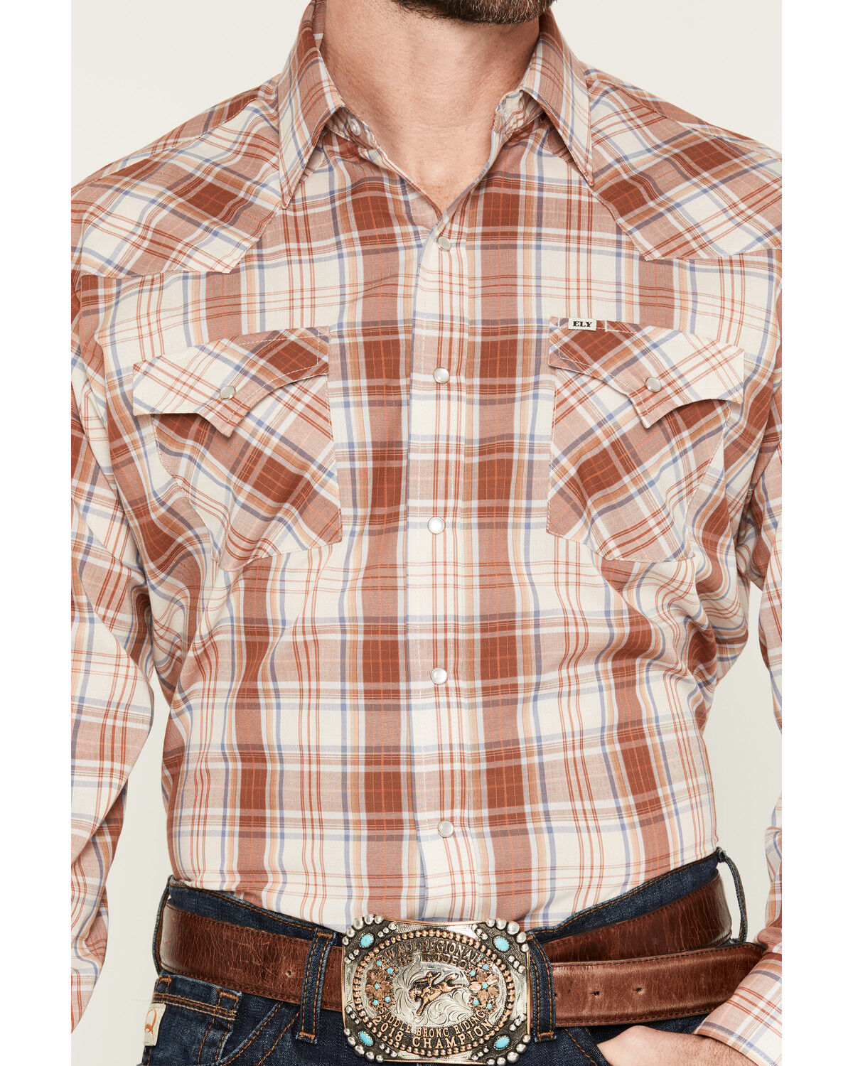 Image #3 - Ely Walker Men's Plaid Print Long Sleeve Pearl Snap Western Shirt, Rust Copper, hi-res
