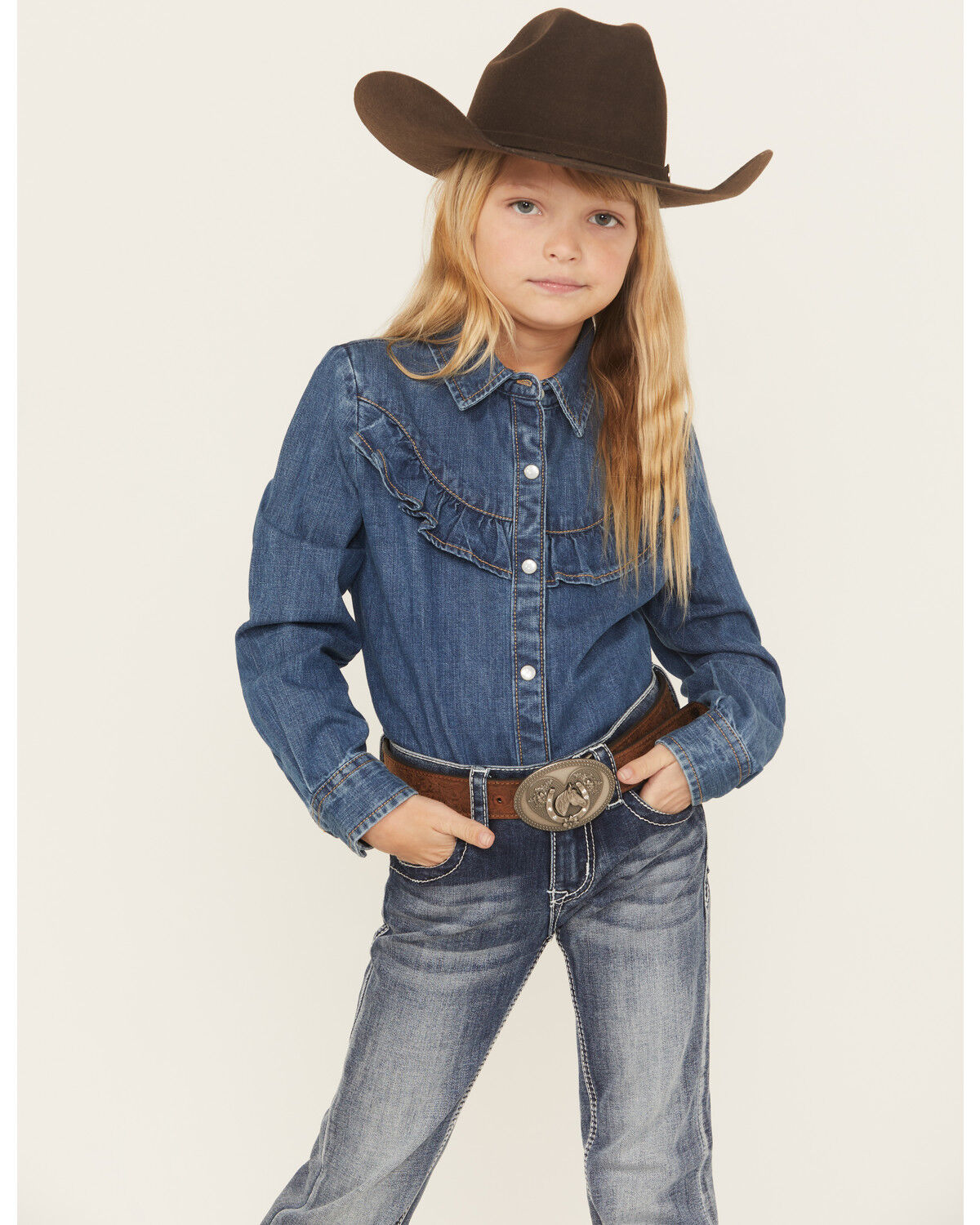 Wrangler Girls' Ruffle Button Long Sleeve Pearl Snap Western Shirt, Dark Wash, hi-res