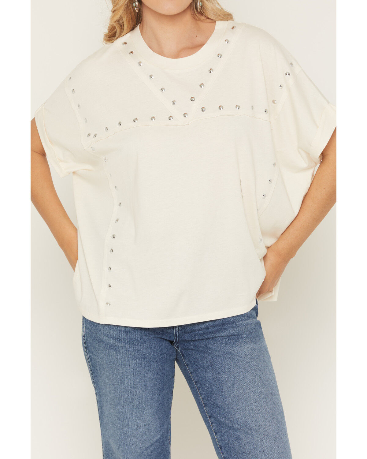 Image #3 - Blended Women's Studded Poncho Tee, White, hi-res