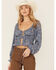 Image #1 - Wild Moss Long Sleeve Tie Front Ranched Floral Top, Blue, hi-res