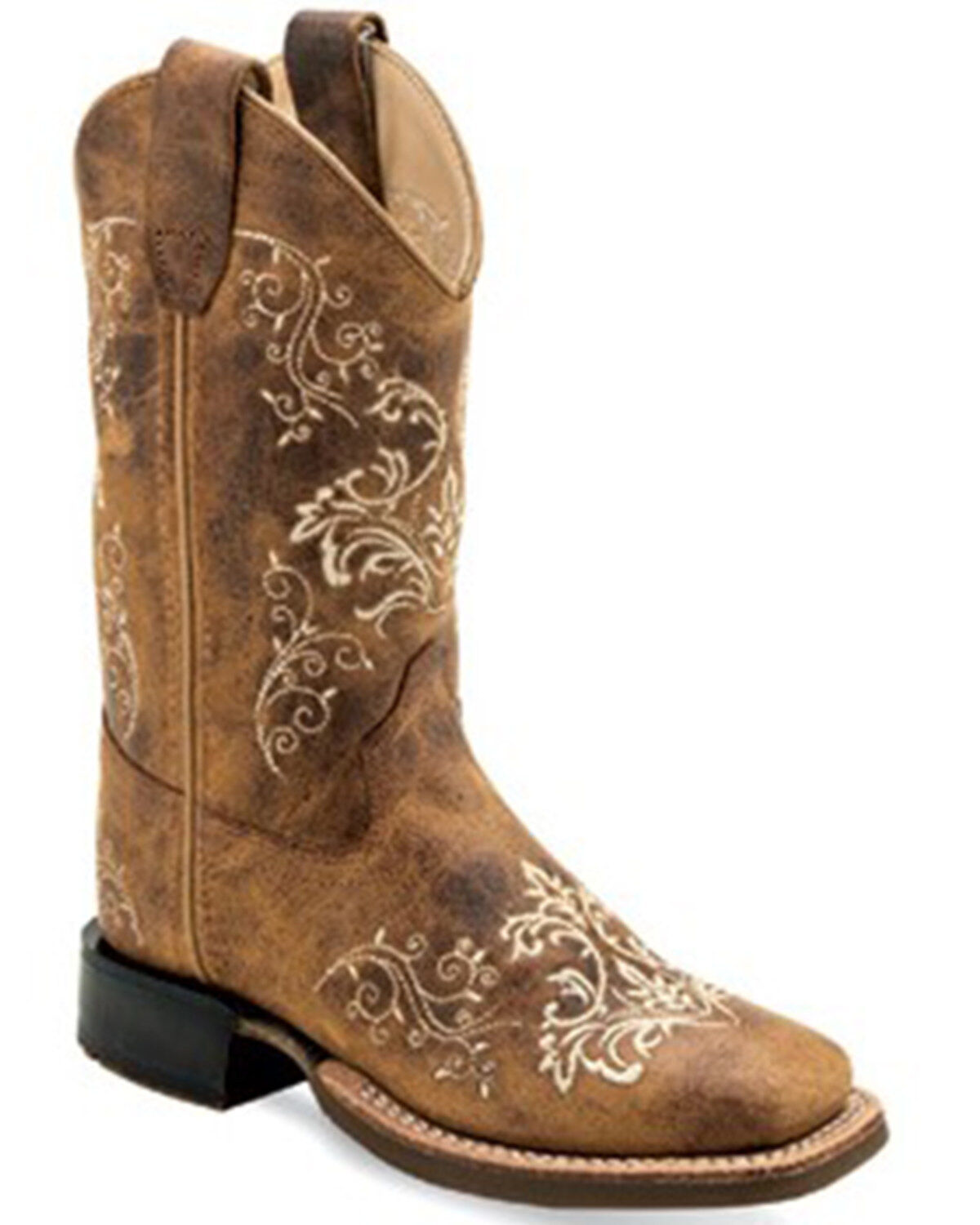 Old West Girls' Floral Western Boots - Broad Square Toe, Tan, hi-res