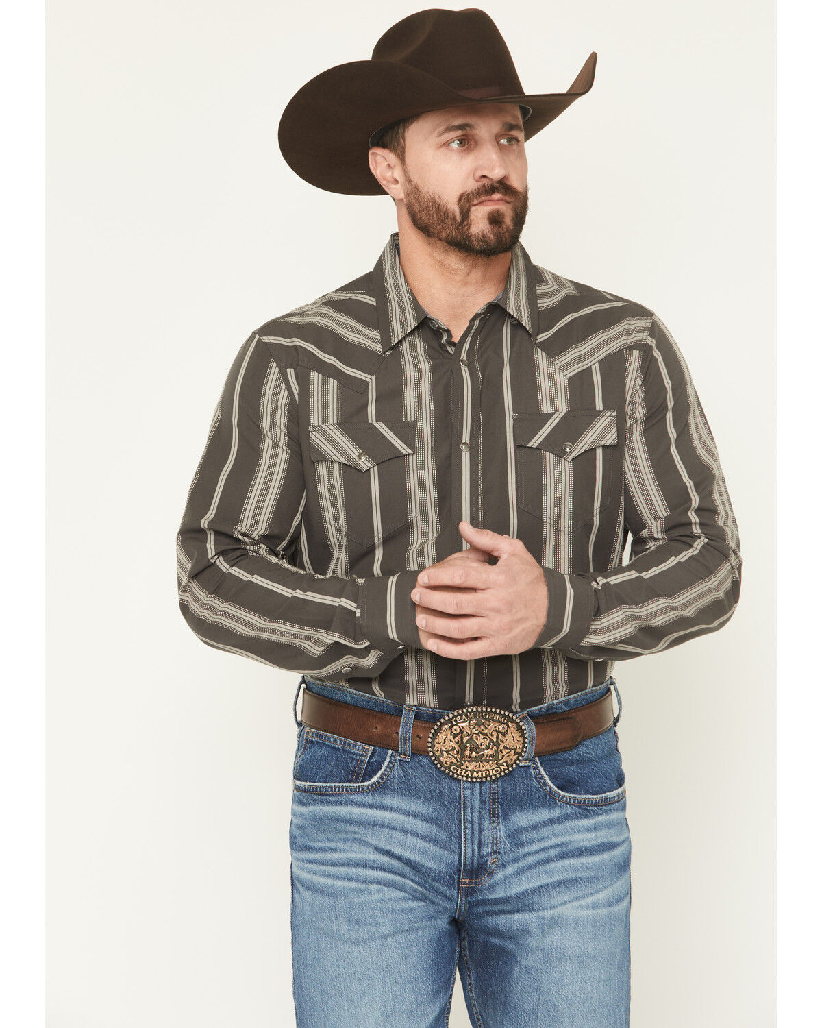 Cody James Men's Harpeth Striped Long Sleeve Snap Western Shirt, Charcoal, hi-res
