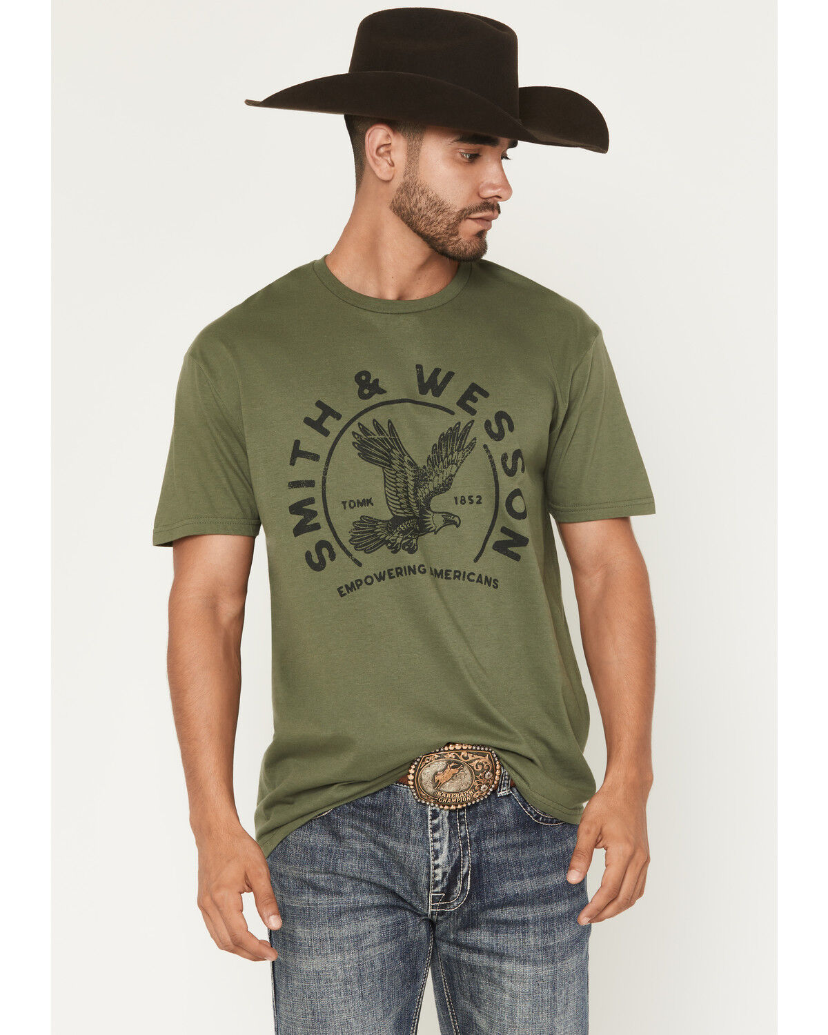 Smith & Wesson Men's Empowering Americans  Badge Short Sleeve Graphic T-Shirt, Olive, hi-res