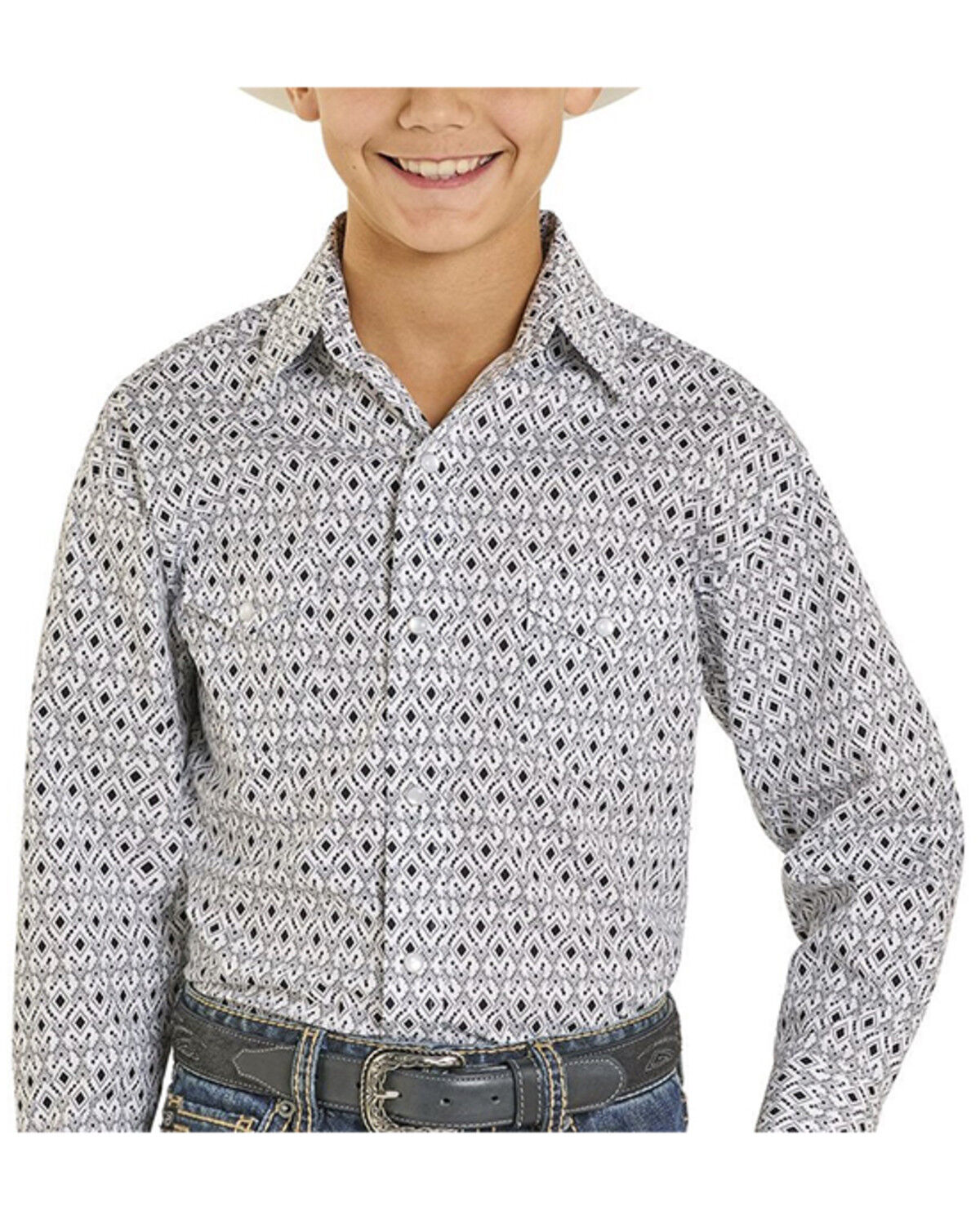 Image #1 - Panhandle Slim Boys' Geo Print Long Sleeve Snap Stretch Western Shirt, White, hi-res