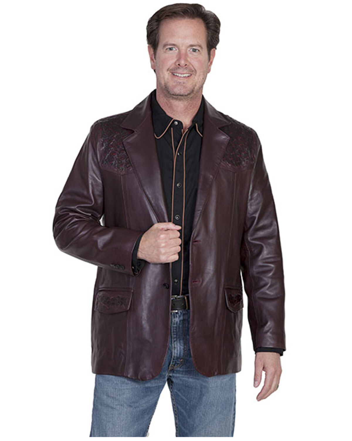 Scully Men's Ostrich Trim Leather Blazer, Black Cherry, hi-res