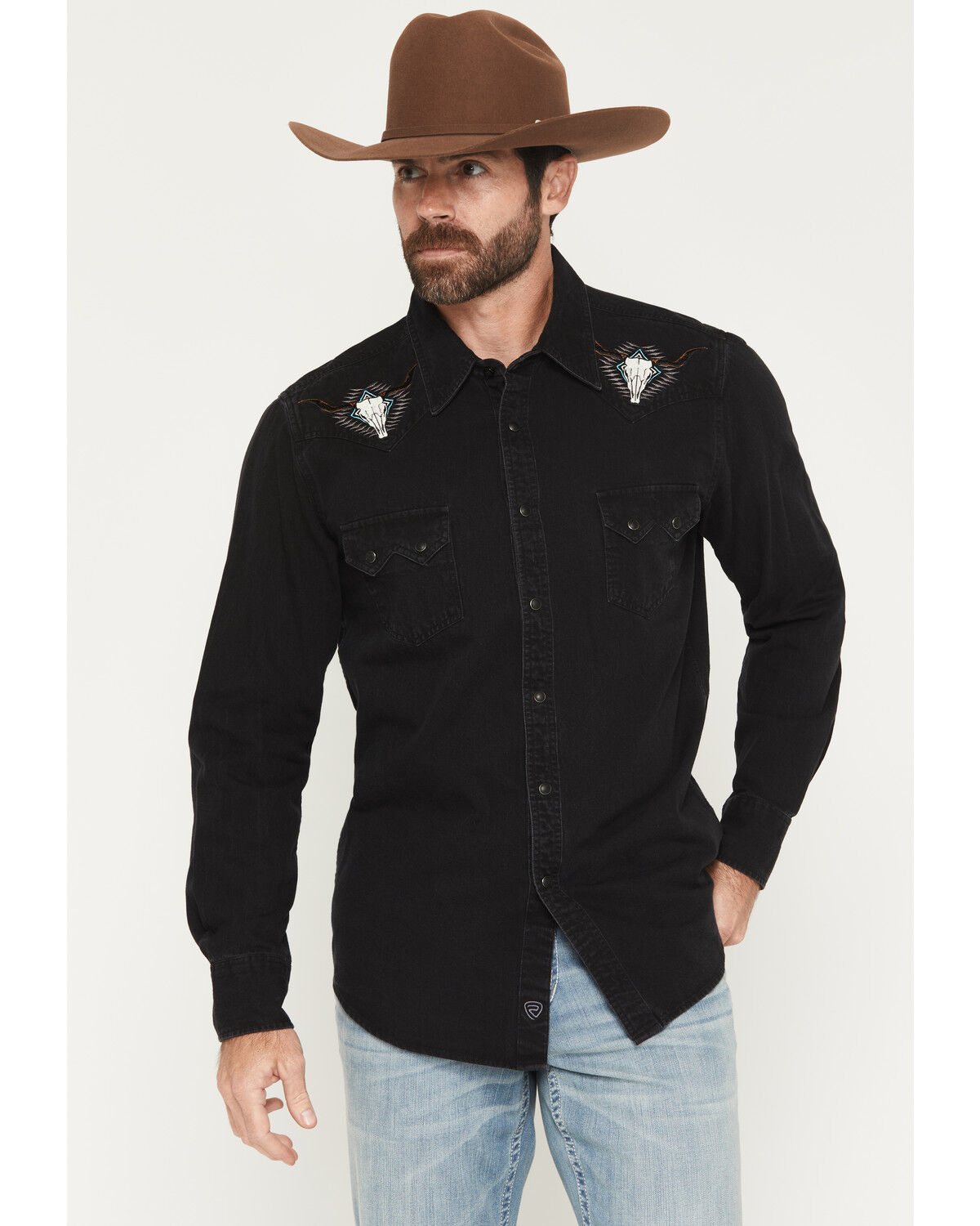 Rock & Roll Denim Men's Longhorn Embroidered Long Sleeve Snap Denim Shirt, Black, hi-res