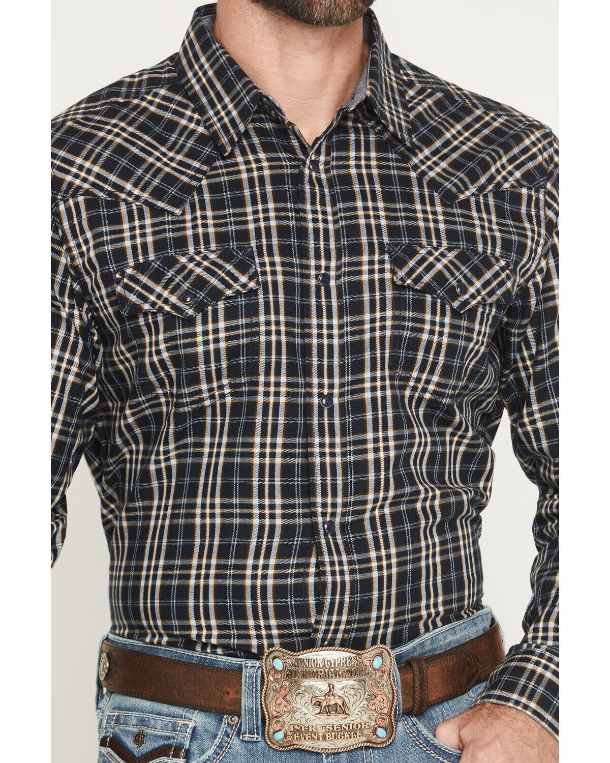 Image #3 - Cody James Men's Warriors Way Plaid Print Long Sleeve Snap Western Shirt, Dark Blue, hi-res