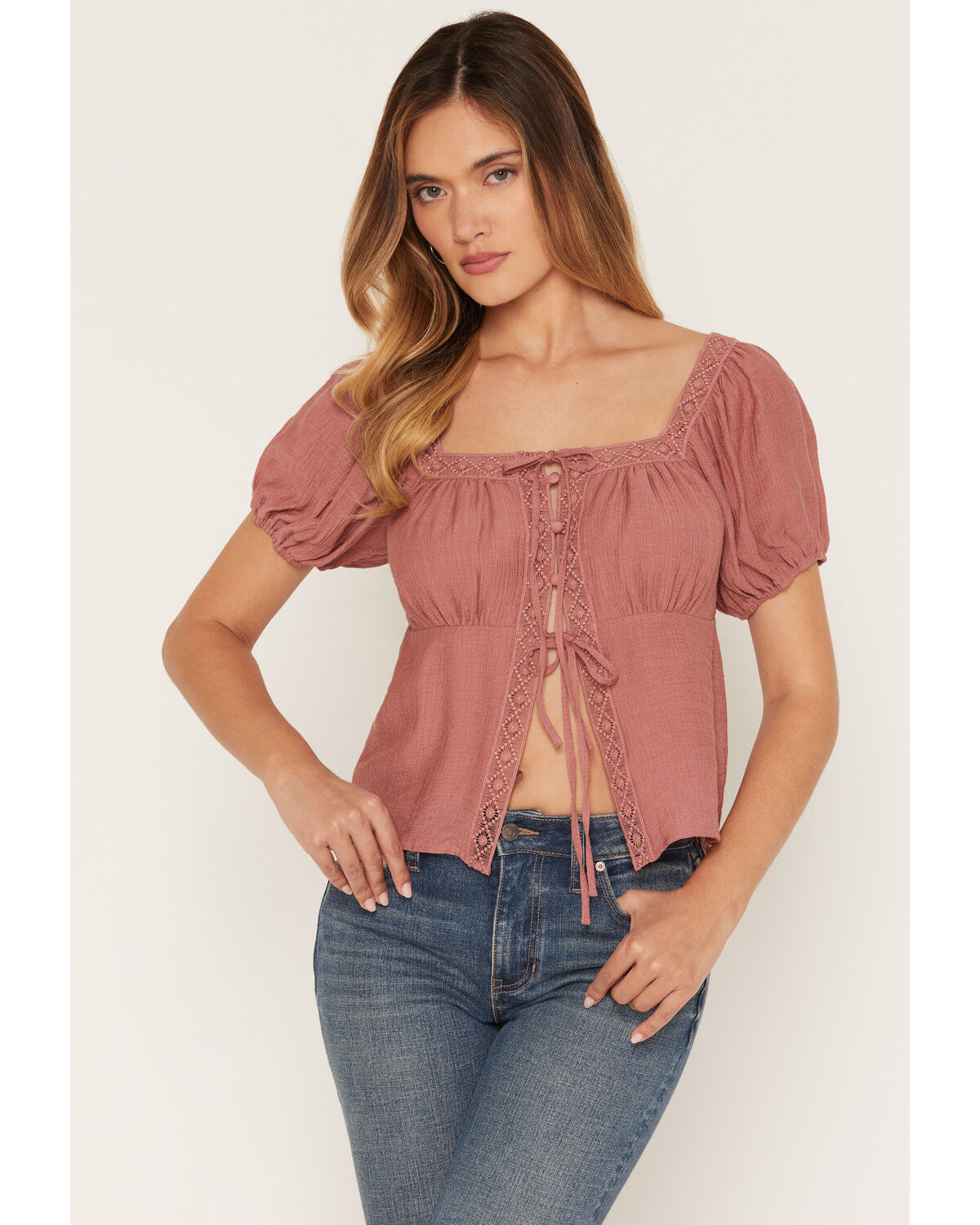 Image #1 - Shyanne Women's Wyatt Lace Trim Short Sleeve Button-Down Shirt, Rose, hi-res