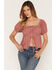 Image #1 - Shyanne Women's Wyatt Lace Trim Short Sleeve Button-Down Shirt, Rose, hi-res
