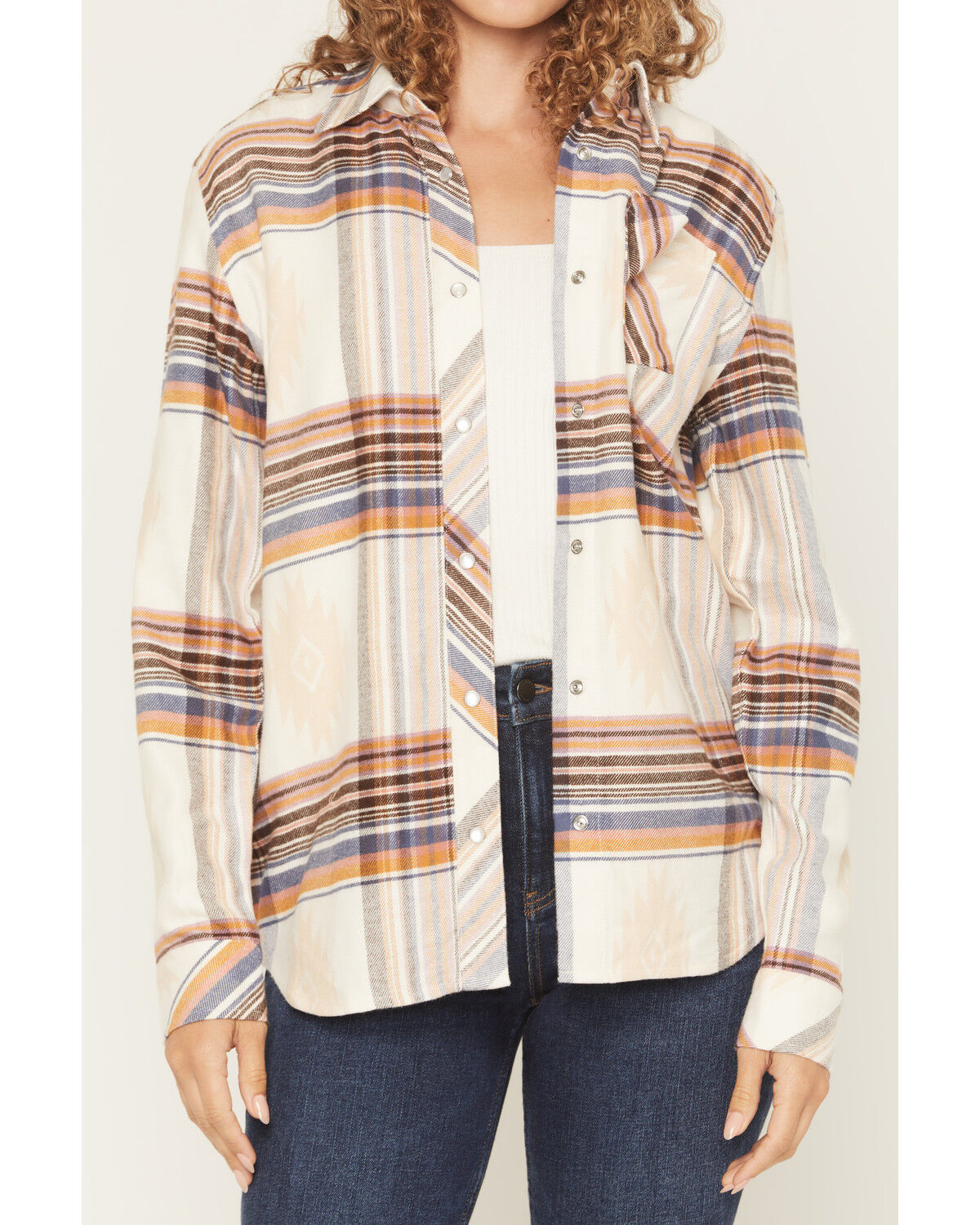 Image #3 - Idyllwind Women's Woodside Southwestern and Plaid Print Long Sleeve Snap Flannel Shirt, Cream, hi-res