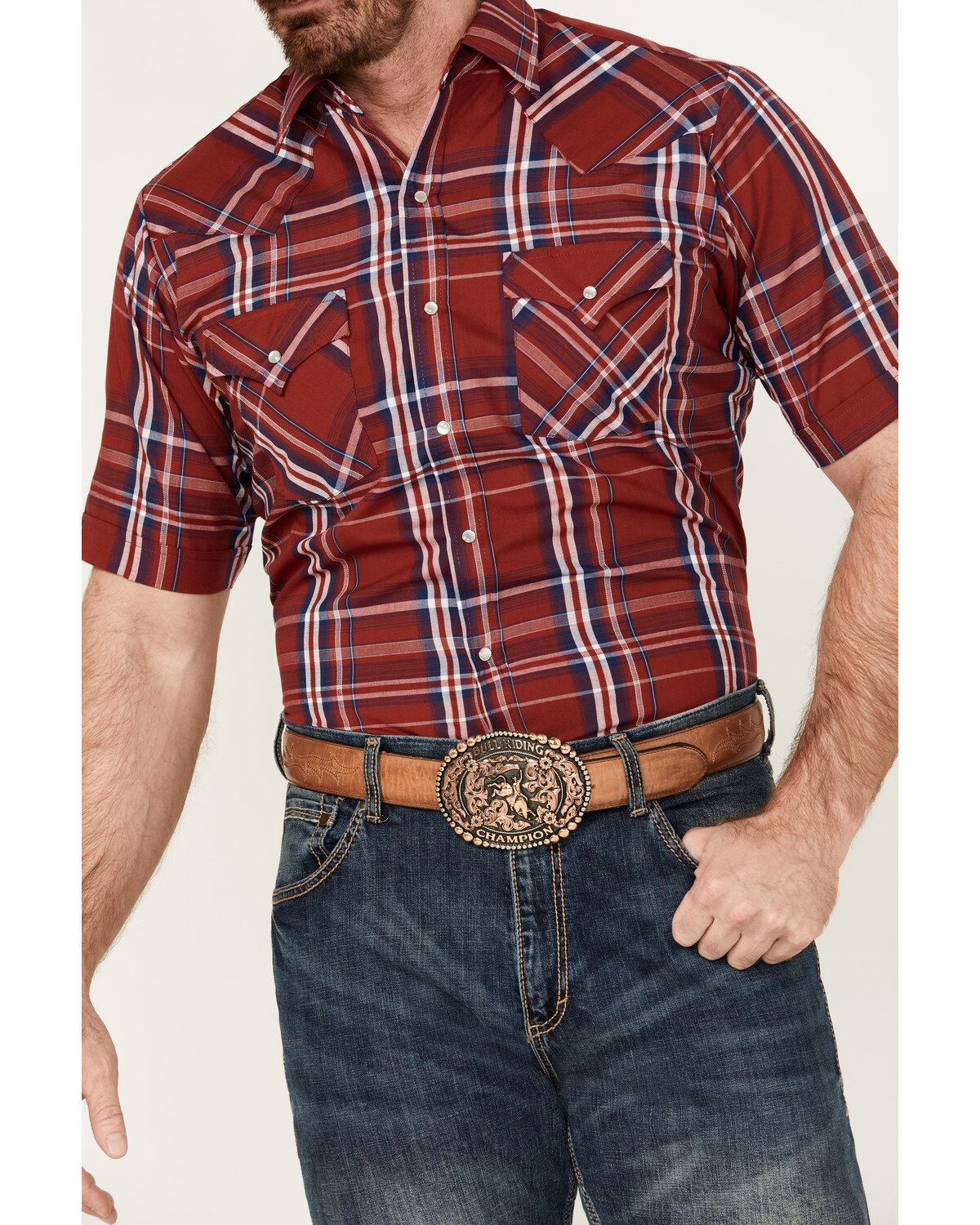 Image #3 - Ely Walker Men's Plaid Print Short Sleeve Pearl Snap Western Shirt, Red, hi-res