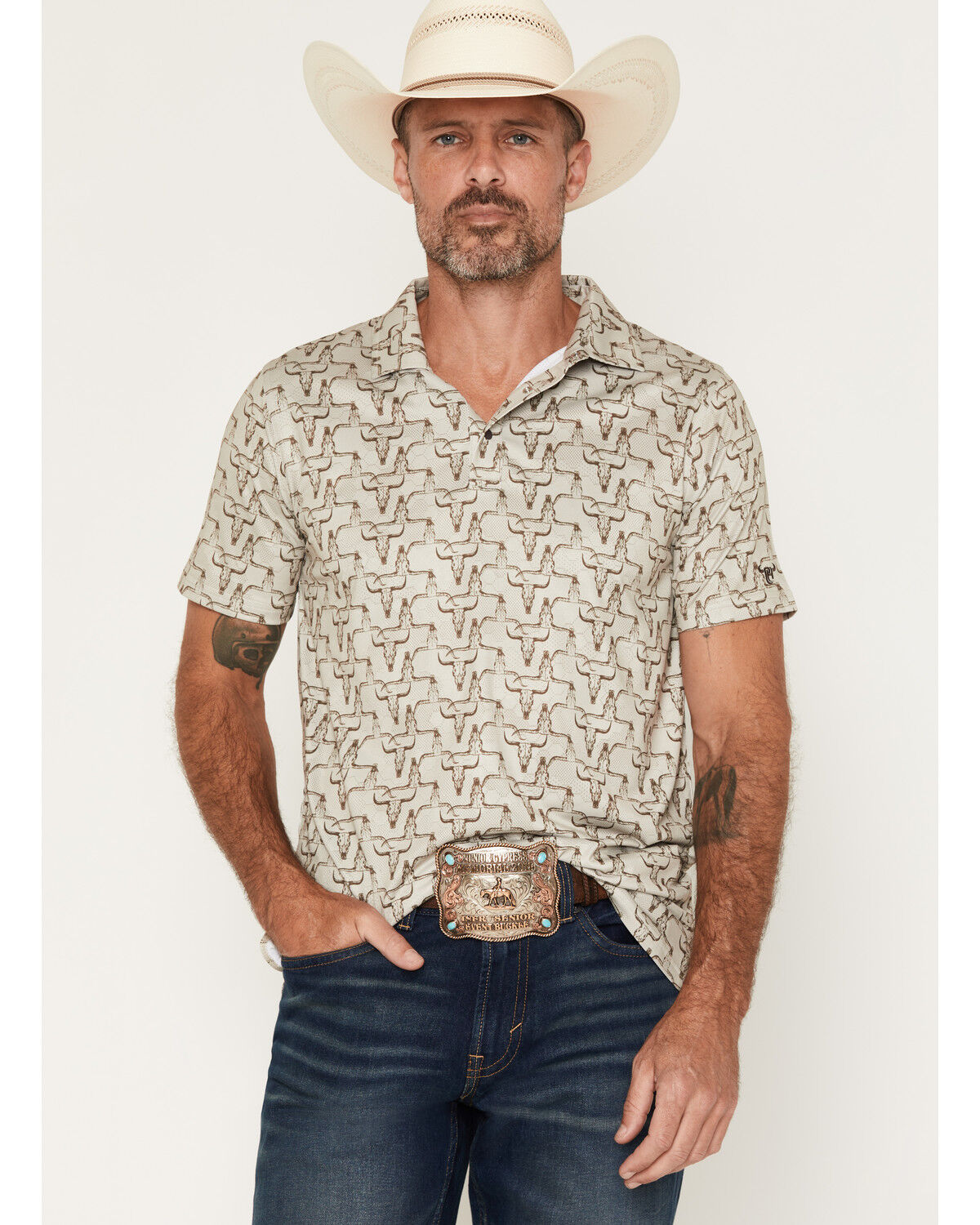 Image #1 - Cowboy Hardware Men's Hombre Skull Print Short Sleeve Snap Stretch Polo Shirt, Tan, hi-res