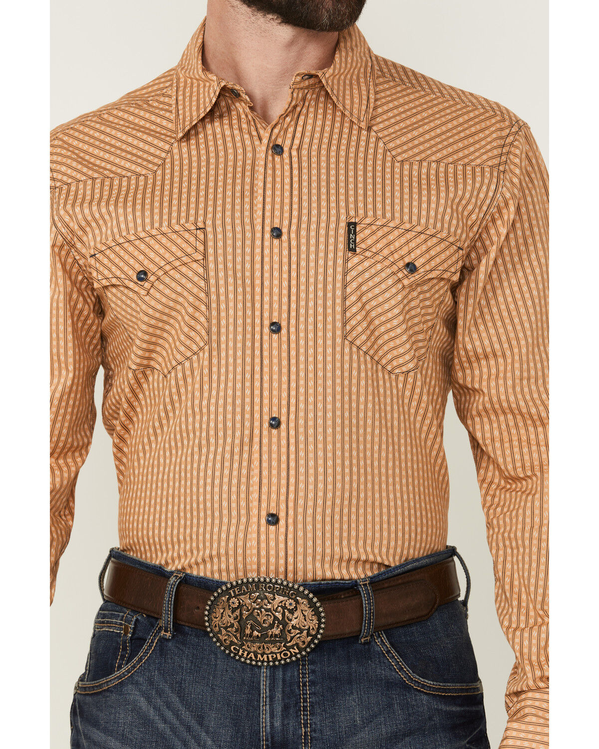 Image #3 - Cinch Men's Geo Striped Print Modern Fit Long Sleeve Snap Western Shirt, Gold, hi-res