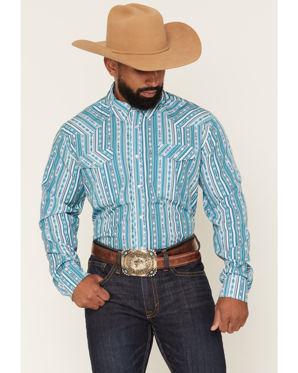 Image #1 - Panhandle Slim Men's Southwestern Striped Long Sleeve Pearl Snap Performance Stretch Western Shirt, Teal, hi-res
