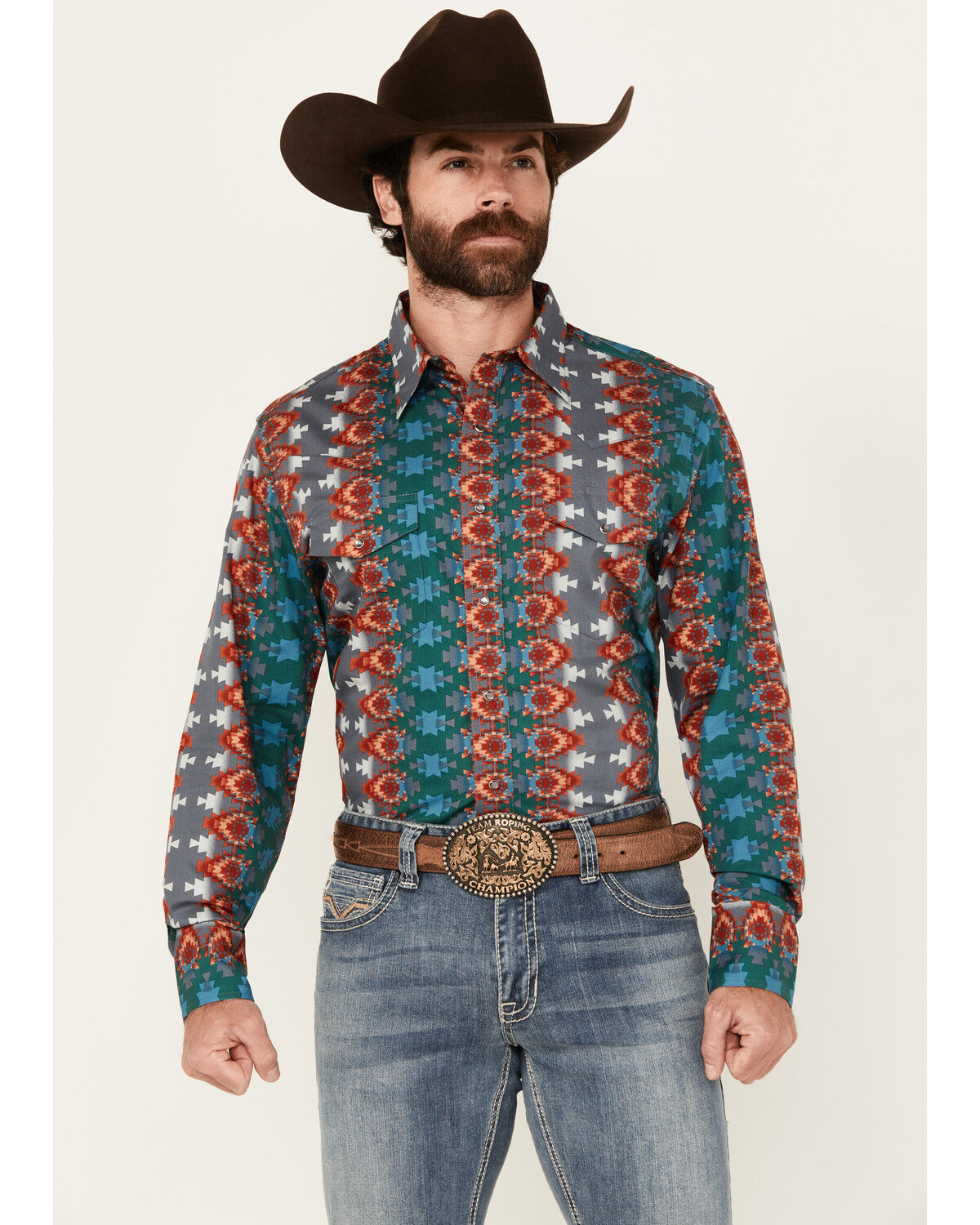 Image #1 - Wrangler Men's Checotah Southwestern Print Long Sleeve Snap Western Shirt, Multi, hi-res
