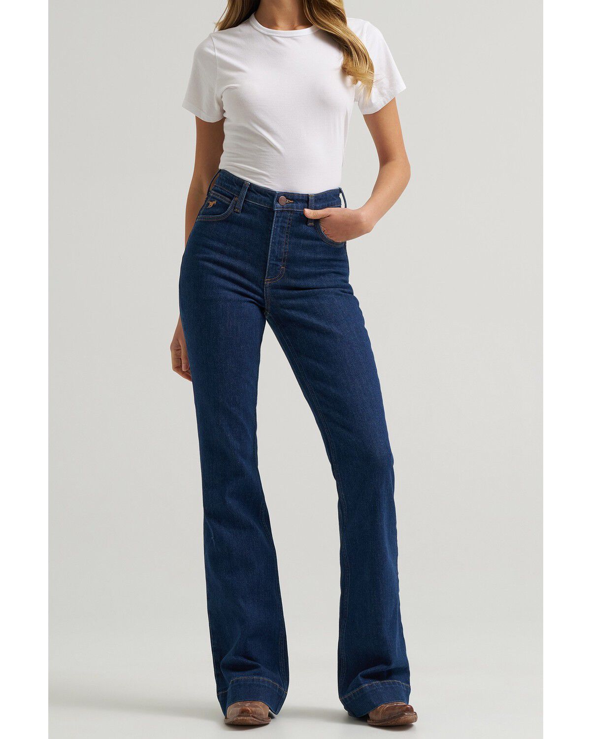 Wrangler Women's Emerie Dark Wash High Rise Bell Trouser Stretch Denim Riding Jeans, Dark Wash, hi-res