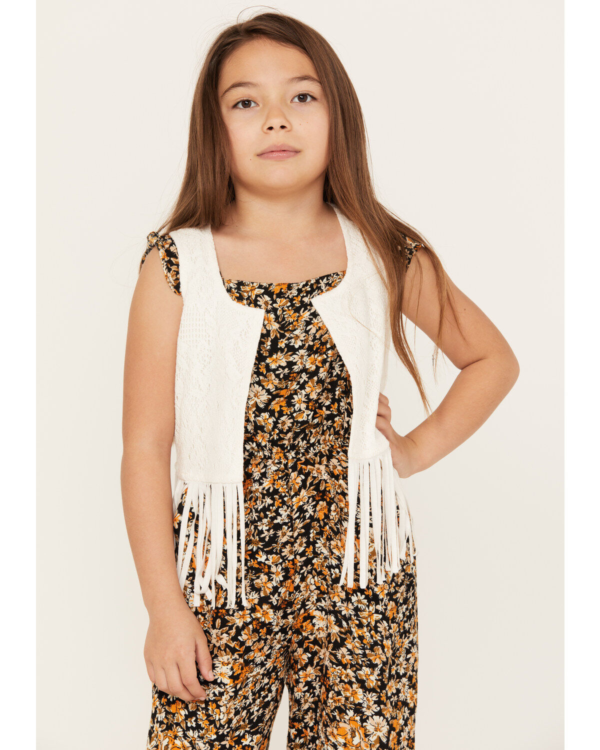 Shyanne Girls' Fringe Lace Vest, Cream, hi-res
