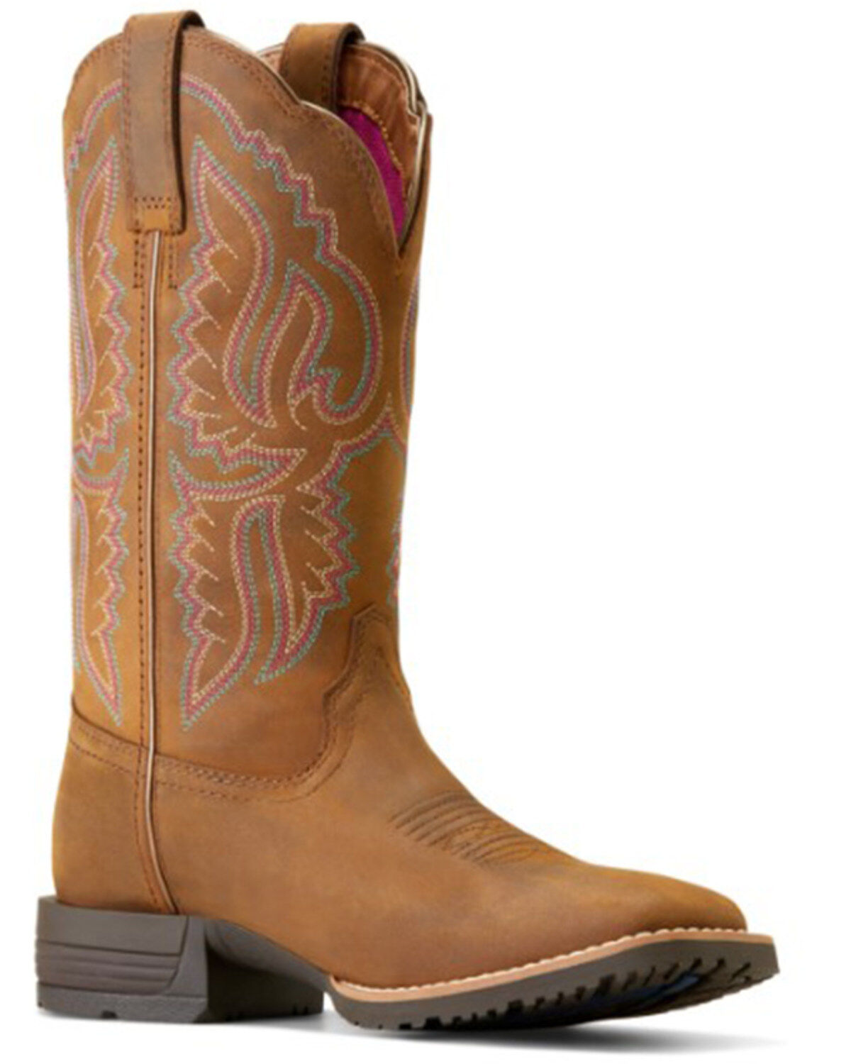 Ariat Women's Hybrid Ranchwork Distressed Western Boots - Broad Square Toe, Brown, hi-res