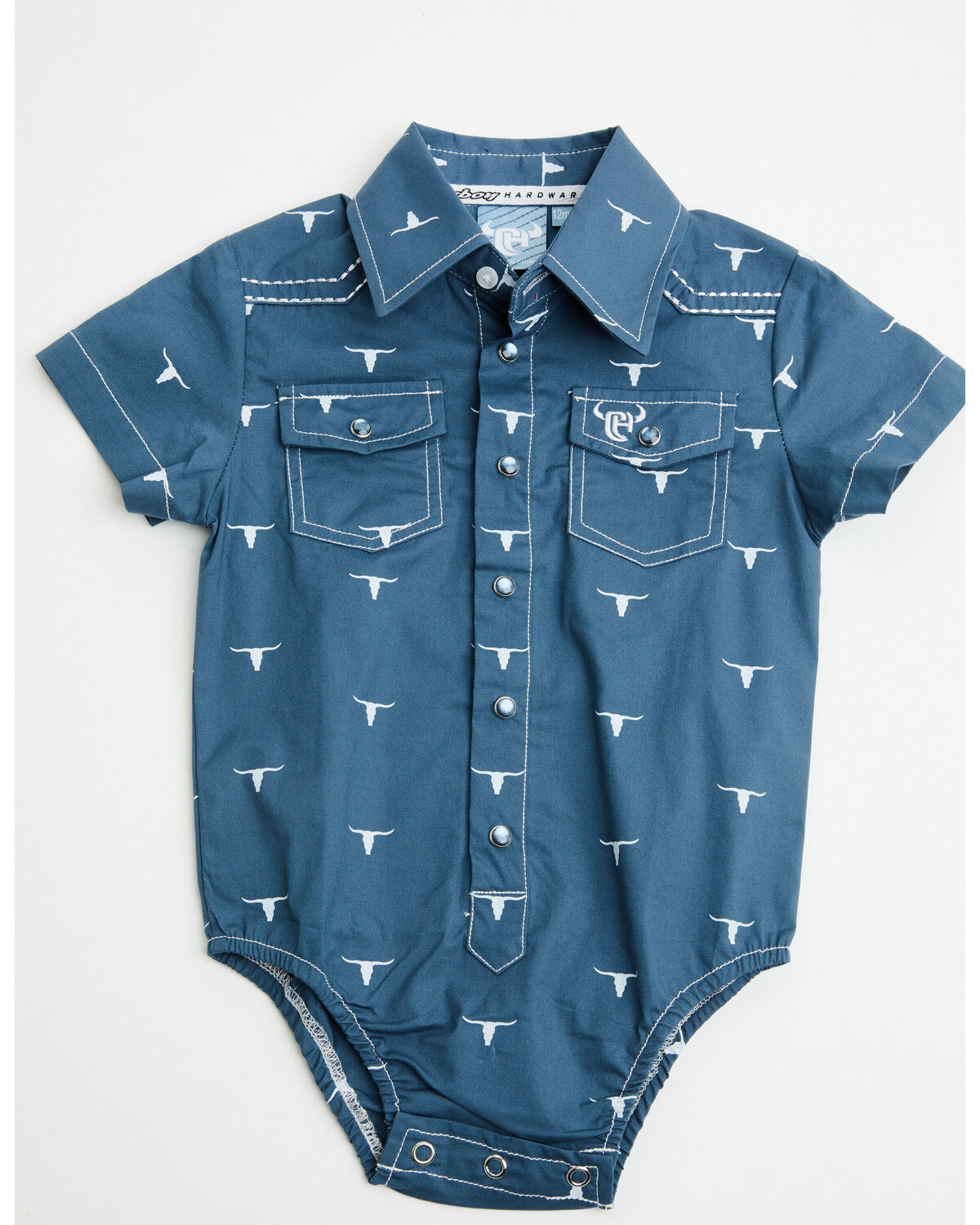 Cowboy Hardware Infant Boys' Scattered Skull Short Sleeve Pearl Snap Stretch Onesie, Blue, hi-res