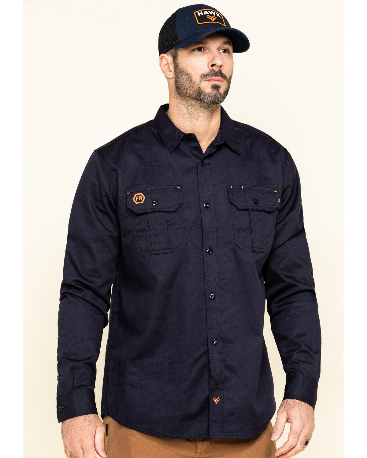 Hawx Men's FR Long Sleeve Button-Down Work Shirt, Navy, hi-res