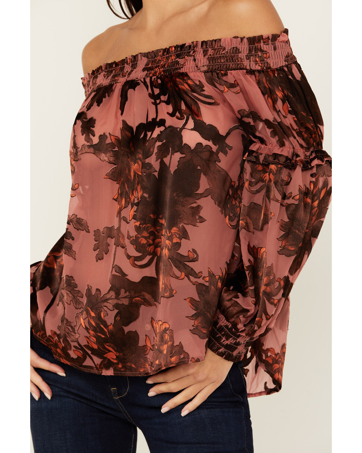 Image #4 - Shyanne Women's Burnout Satin Printed Peasant Top, Mauve, hi-res