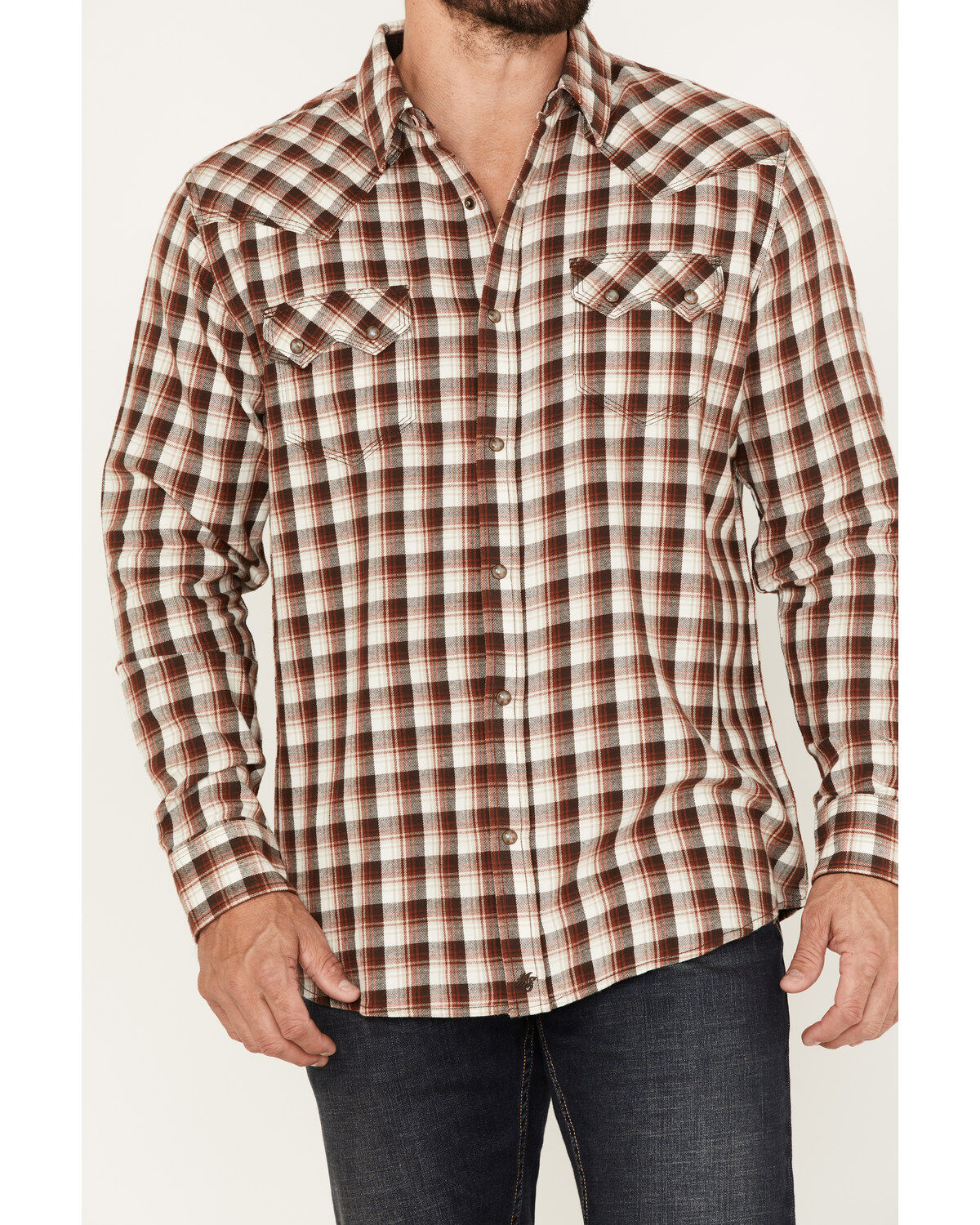 Image #4 - Moonshine Spirit&reg; Men's Dirt Runner Plaid Print Snap Western Flannel Shirt, Cream, hi-res