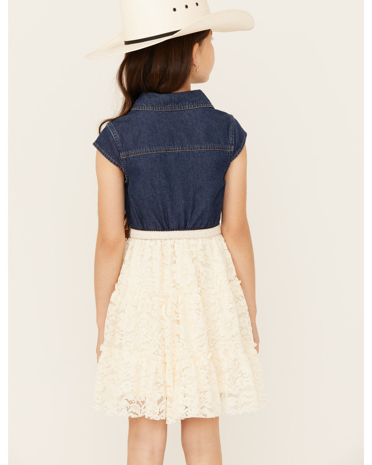 Image #4 - Shyanne Girls' Belted Denim Lace Mini Dress, Cream, hi-res