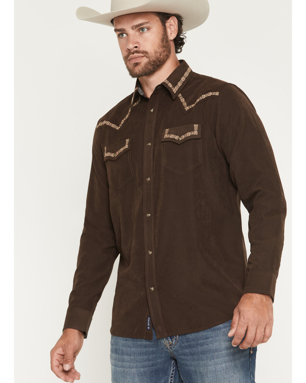 Image #1 - Moonshine Spirit&reg; Men's Front Stage Embroidered Solid Long Sleeve Snap Western Shirt, Dark Brown, hi-res