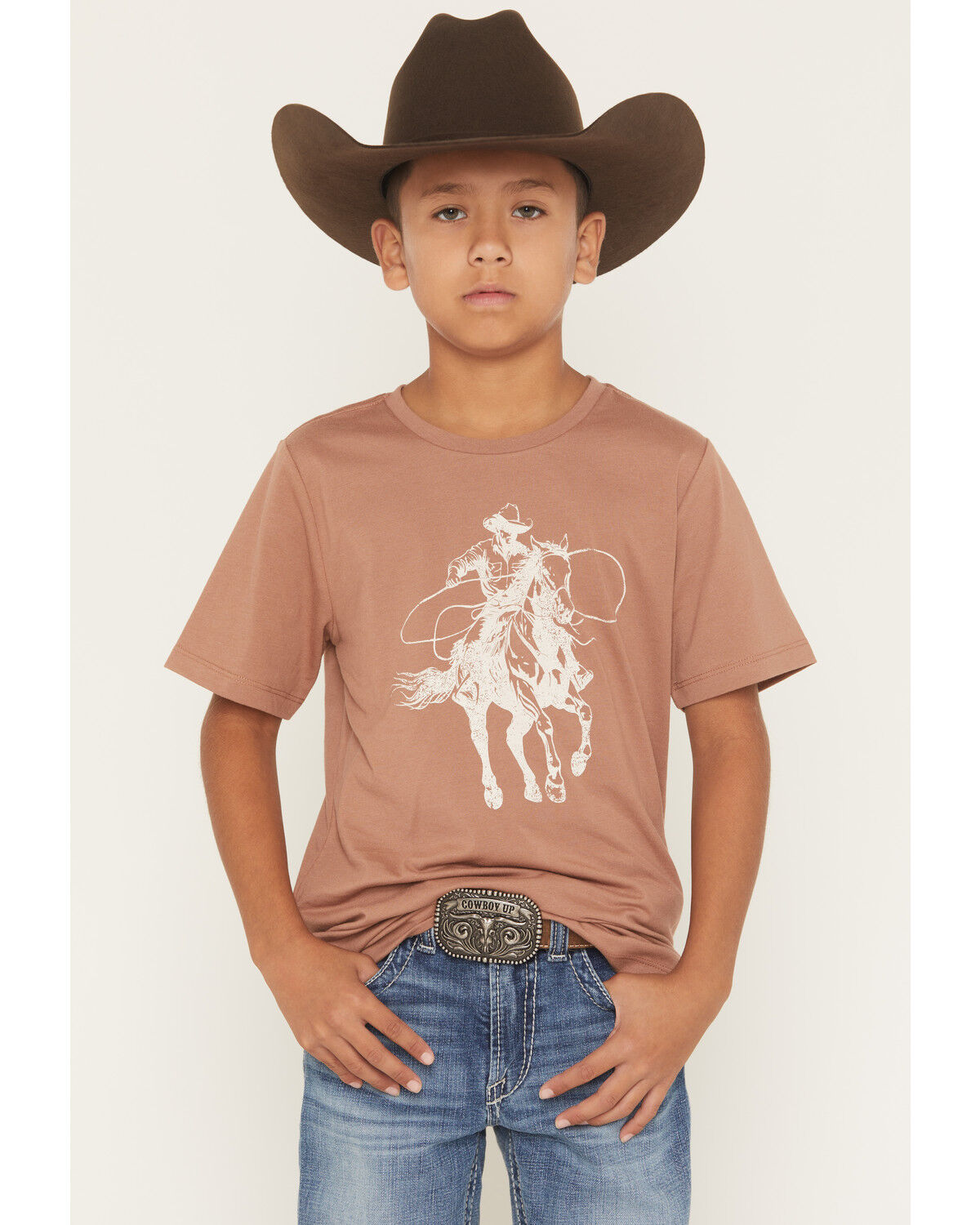 Image #1 - Sable Sky Boys' Horse Rider Short Sleeve Graphic T-Shirt, Brown, hi-res