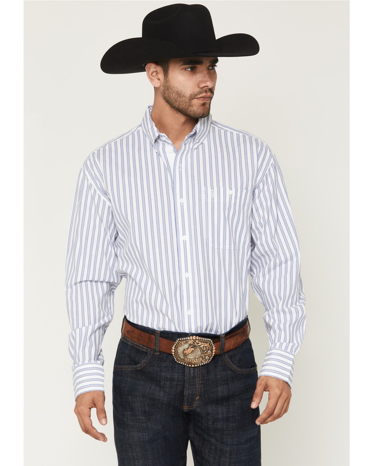 Image #1 - George Strait by Wrangler Stripe Print Long Sleeve Button-Down Stretch Western Shirt - Tall, White, hi-res