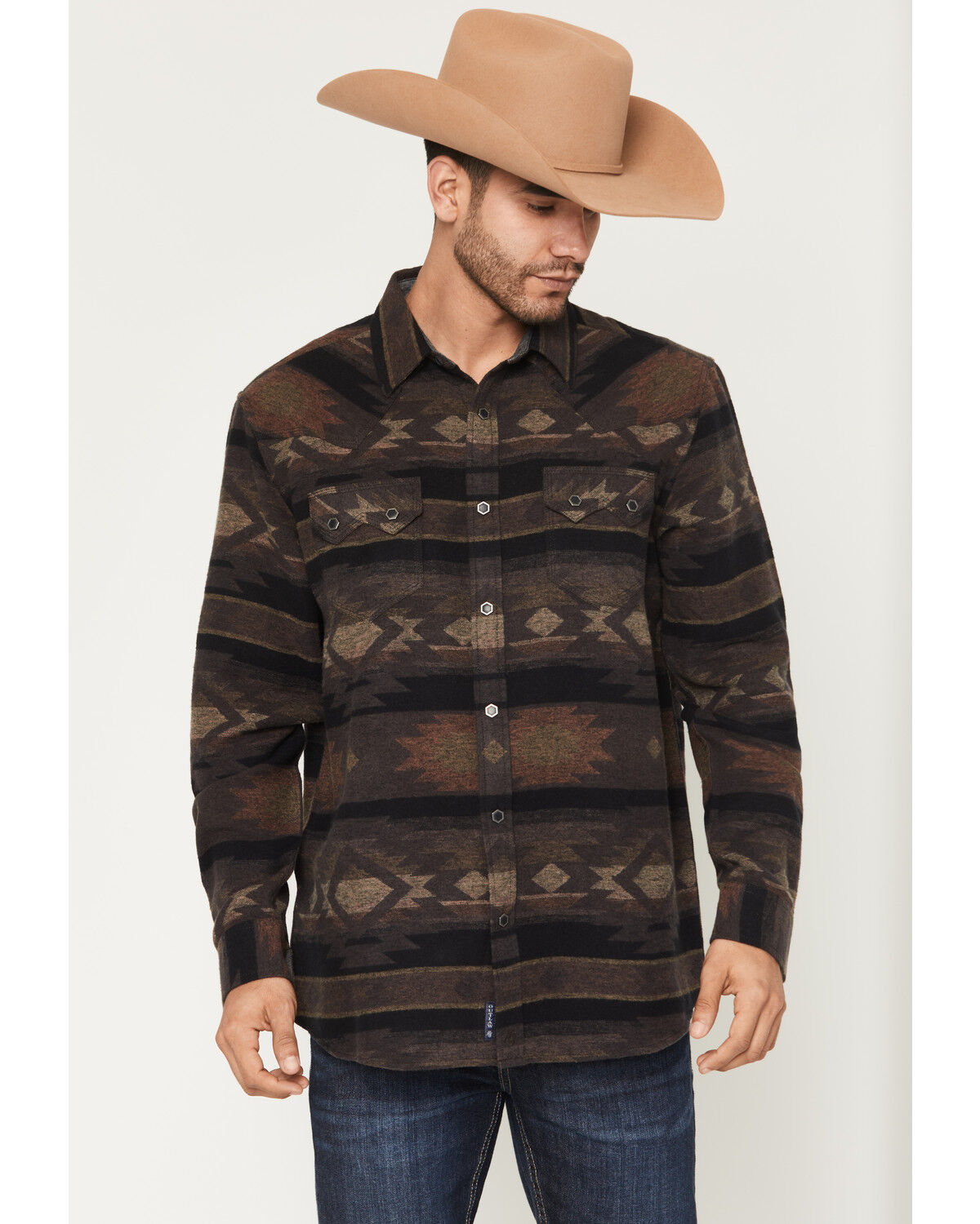 Image #1 - Moonshine Spirit&reg; Men's Denver Tonal Southwestern Print Long Sleeve Snap Flannel Shirt, Brown, hi-res