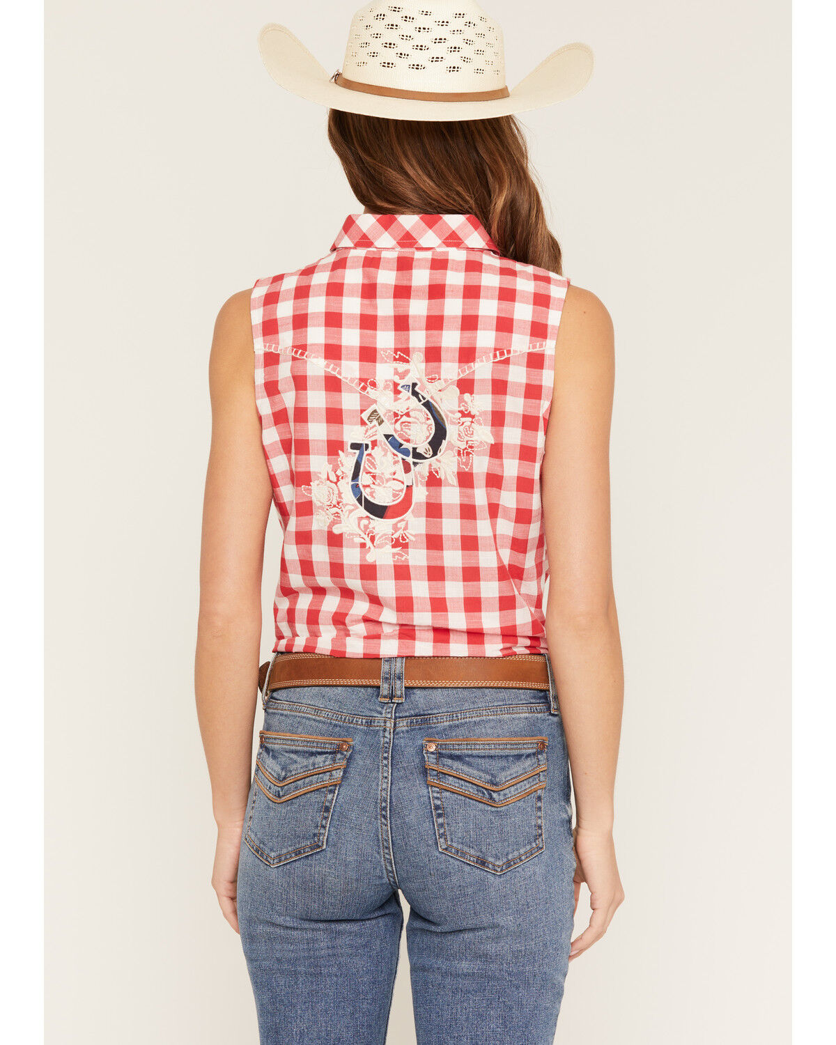 Image #4 - Shyanne Women's Dunes Gingham Tie-Front Sleeveless Pearl Snap Western Shirt, Red, hi-res