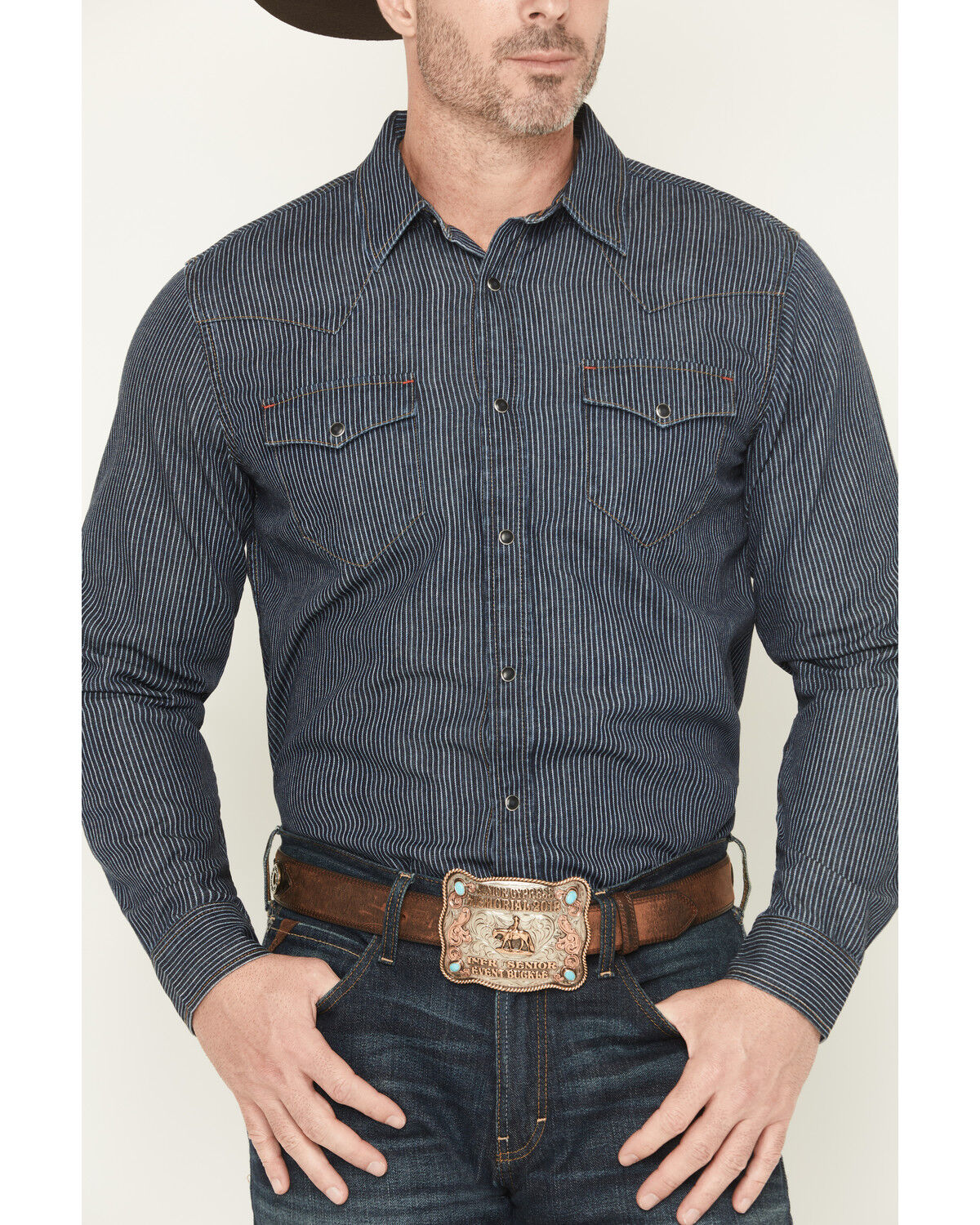 Image #3 - Blue Ranchwear Men's Dark Wash Railroad Striped Print Long Sleeve Snap Western Shirt, Dark Wash, hi-res