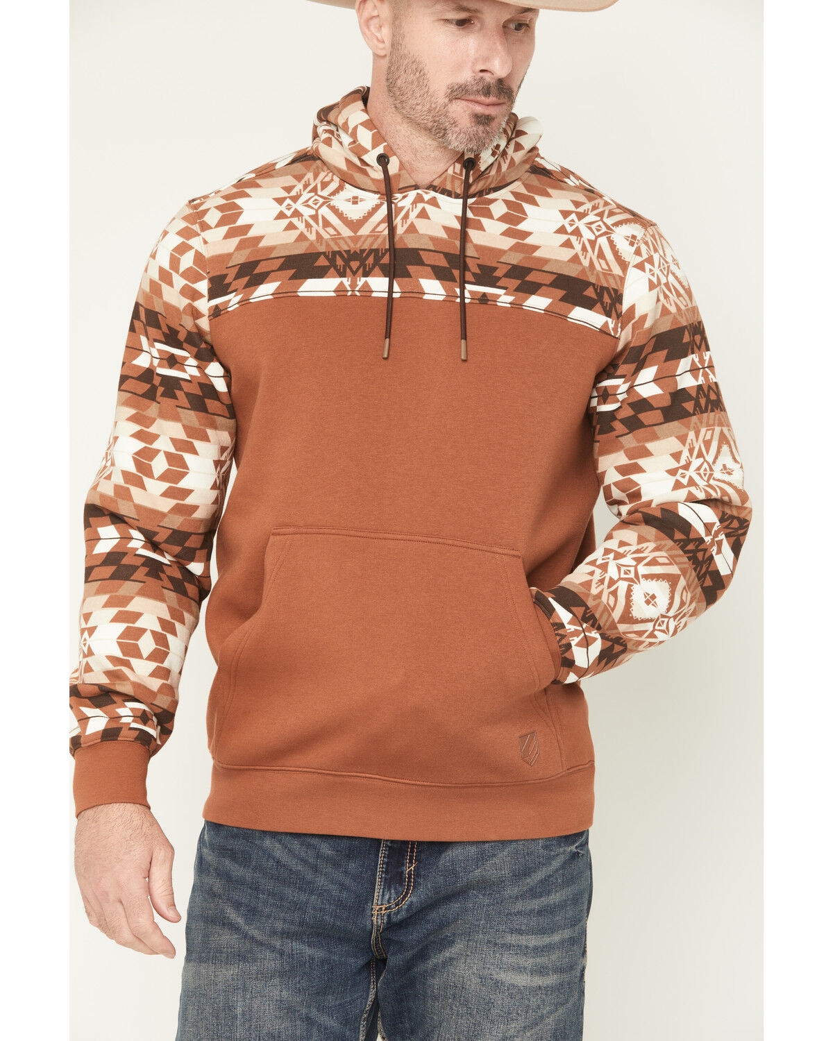 Image #3 - RANK 45&reg; Men's Dusted Southwestern Print Color Block Hooded Sweatshirt, Cognac, hi-res