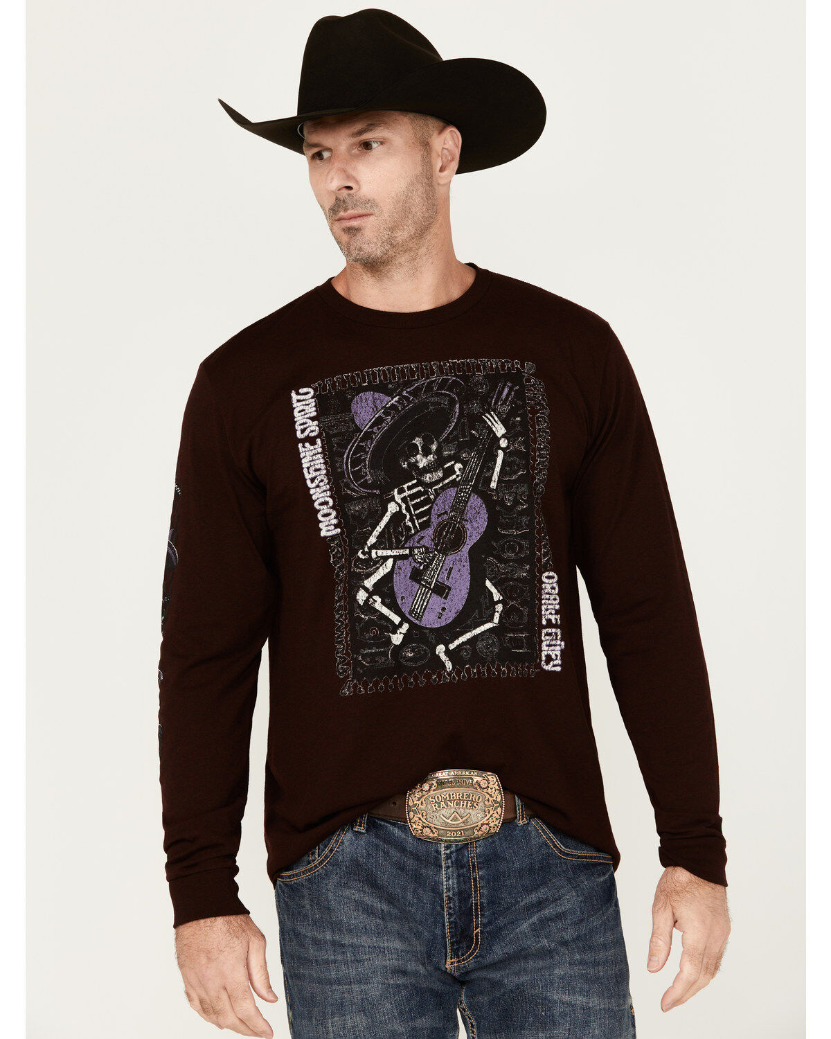 Image #1 - Moonshine Spirit&reg; Men's Skully Graphic Long Sleeve T-Shirt, Burgundy, hi-res