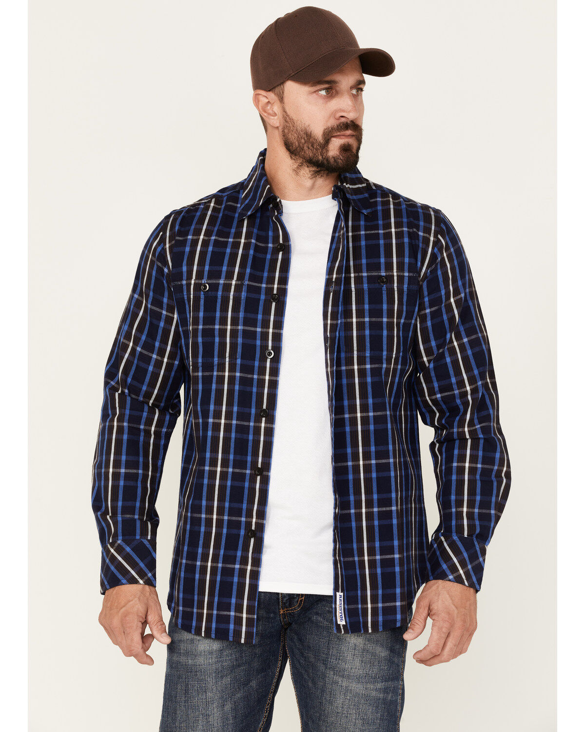 Resistol Men's Louisville Large Plaid Long Sleeve Button Down Shirt, Dark Blue, hi-res