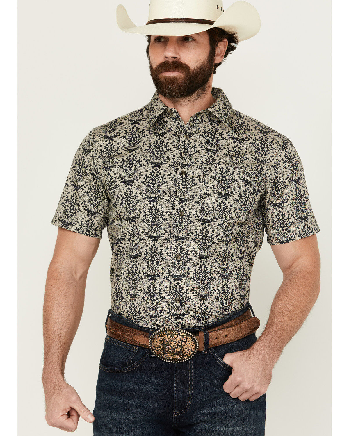 Image #1 - Gibson Men's Queen of Spades Medallion Print Short Sleeve Button-Down Western Shirt, Tan, hi-res