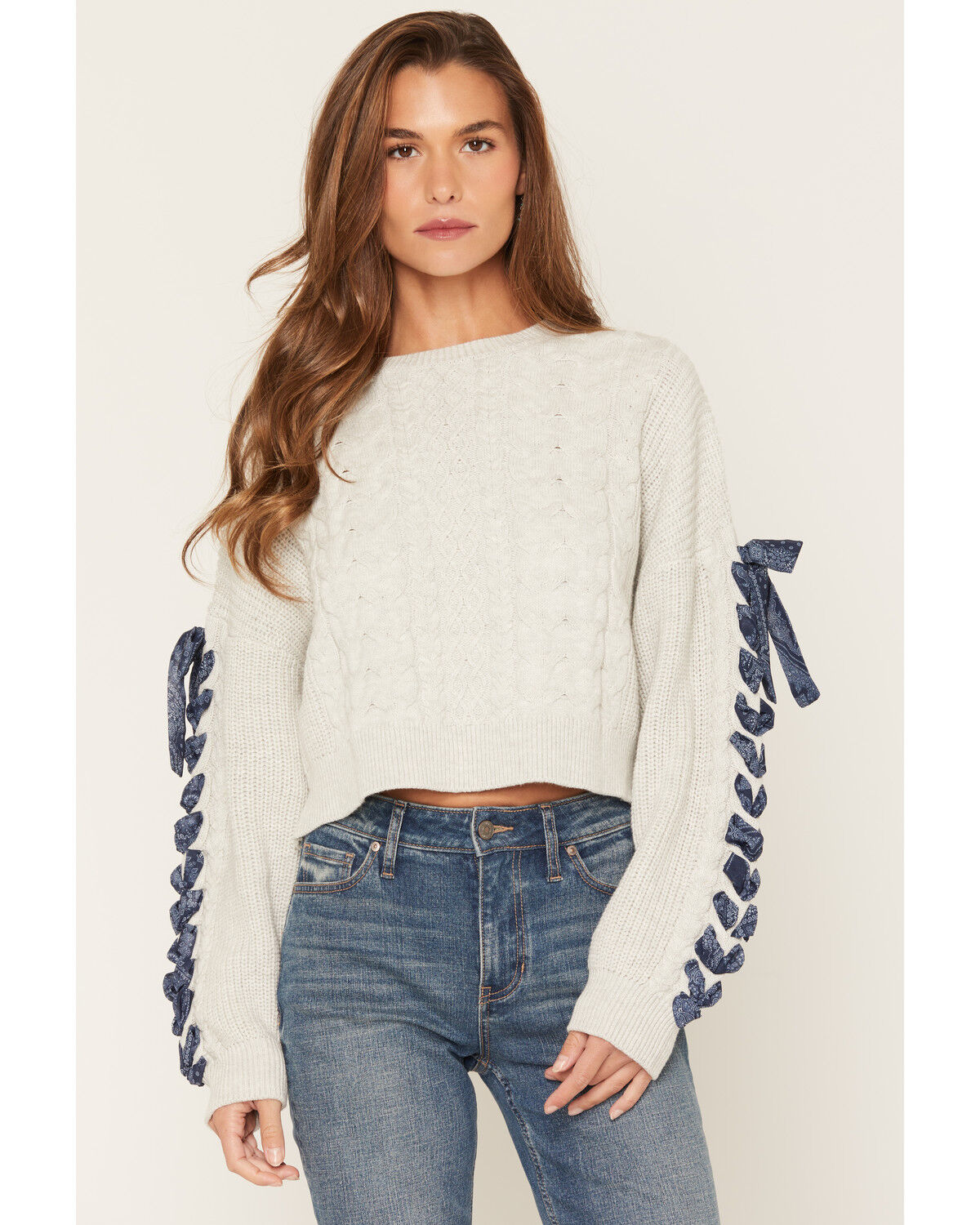 Originality Women's Ribbon Sleeve Sweater, Grey, hi-res