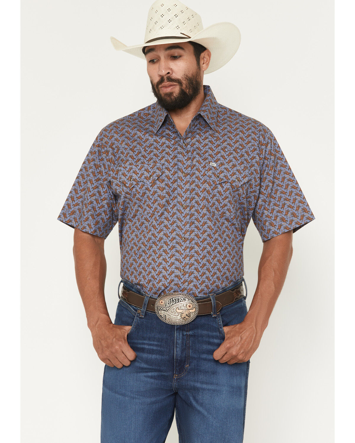 Image #1 - Ely Walker Men's Boot Barn Exclusive Cowboy Print Short Sleeve Snap Western Shirt, Blue, hi-res