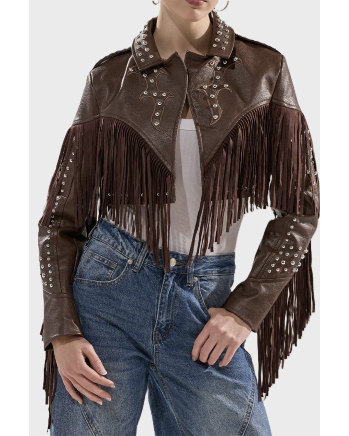 Image #1 - Azalea Wang Women's Reece Faux Leather Fringe Cropped Jacket, Brown, hi-res