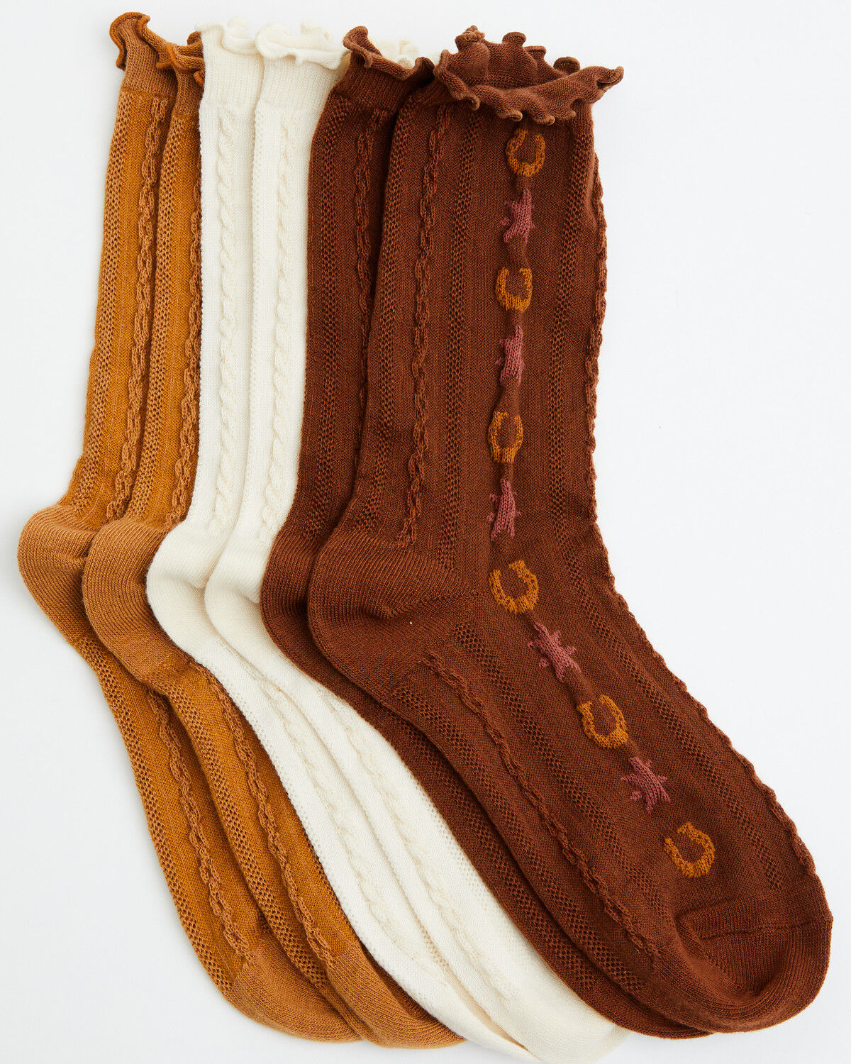 Boot Barn Women's Pointelle Novelty Trim Crew Socks - 3 Pack, Brown, hi-res