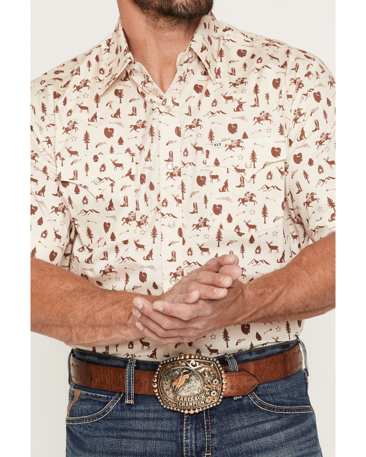 Image #3 - Ely Walker Men's Conversational Print Short Sleeve Pearl Snap Western Shirt, Cream, hi-res