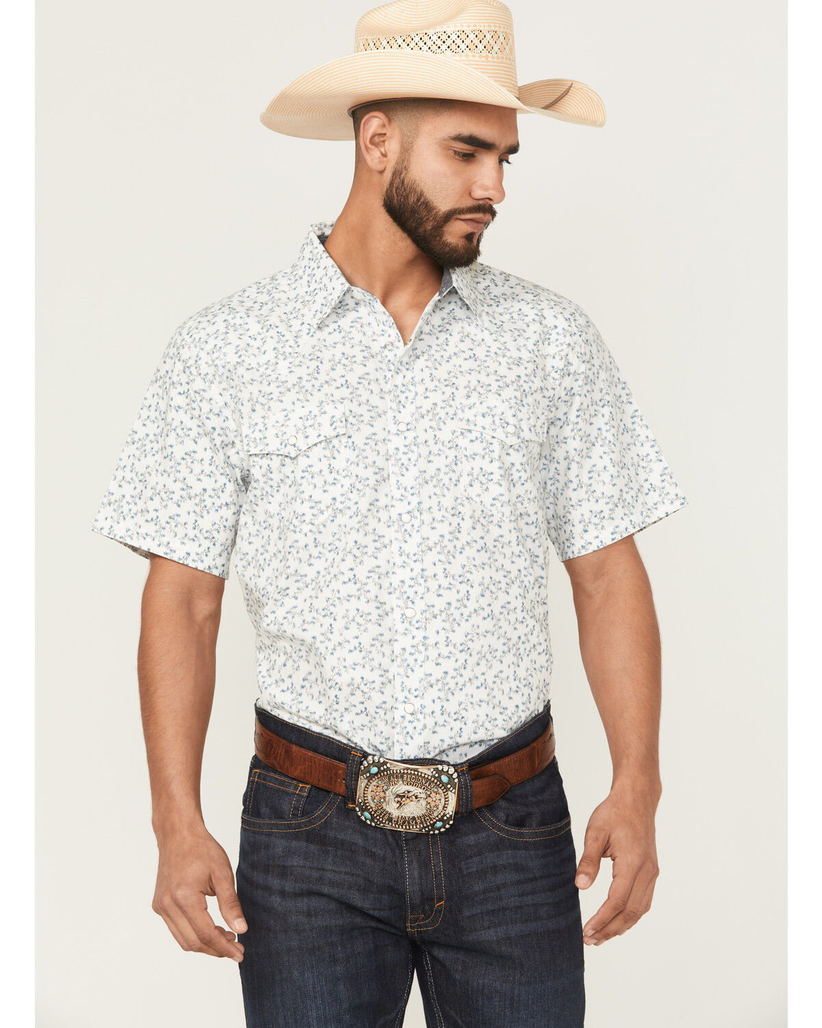 Image #1 - Cody James Rodeo Drive Floral Print Short Sleeve Snap Western Shirt - Tall, White, hi-res