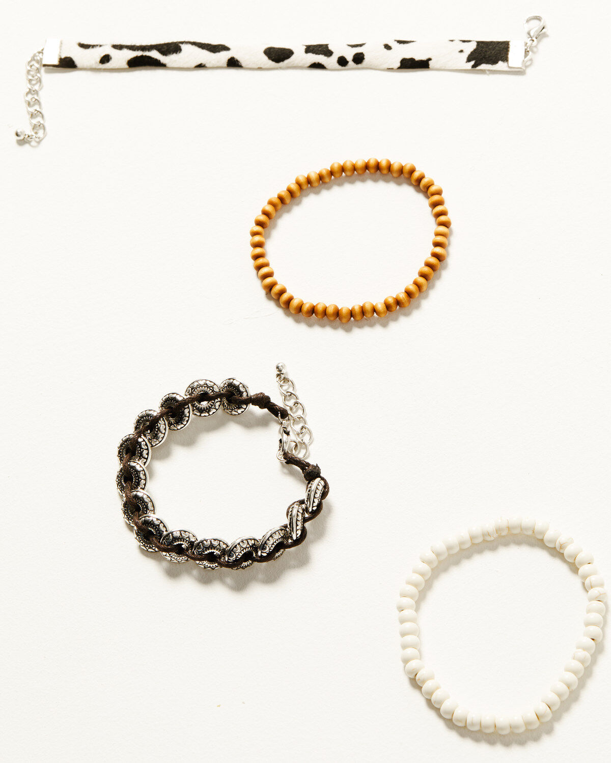 Image #1 - Shyanne Women's Braided Concho Cow Print Beaded Bracelet Set - 4-Piece, Silver, hi-res