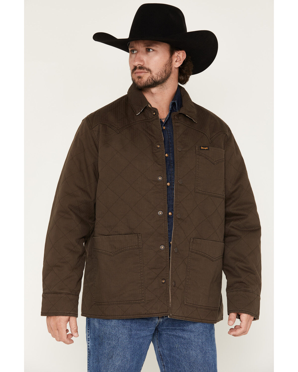 Wrangler Men's Reversible Solid Southwestern Print Quilted Jacket, Brown, hi-res