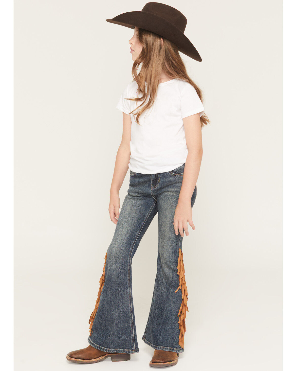 Shyanne Girls' Holly Medium Wash Fringe Flare Stretch Denim Jeans, Medium Wash, hi-res